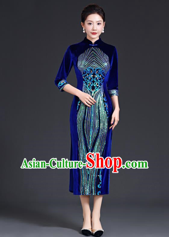 Chinese Style Sapphire Blue Catwalk Cheongsam Long Three Quarter Sleeve Velvet Mother Model Team Costume