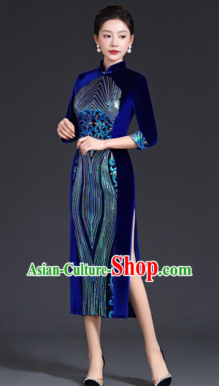 Chinese Style Sapphire Blue Catwalk Cheongsam Long Three Quarter Sleeve Velvet Mother Model Team Costume