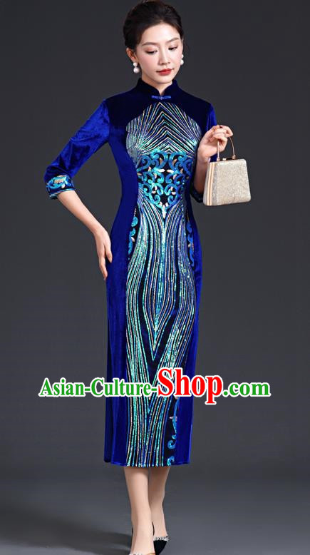 Chinese Style Sapphire Blue Catwalk Cheongsam Long Three Quarter Sleeve Velvet Mother Model Team Costume