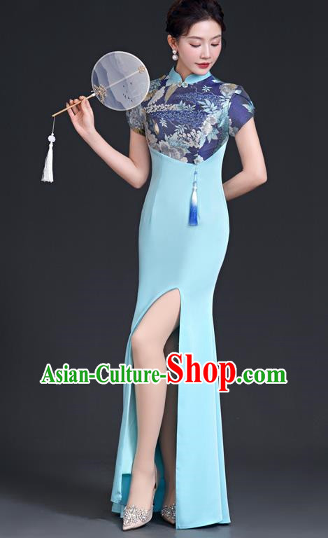 Top Fishtail Slit Evening Dress Chinese Style Model Catwalk Group Performance Costume Stage