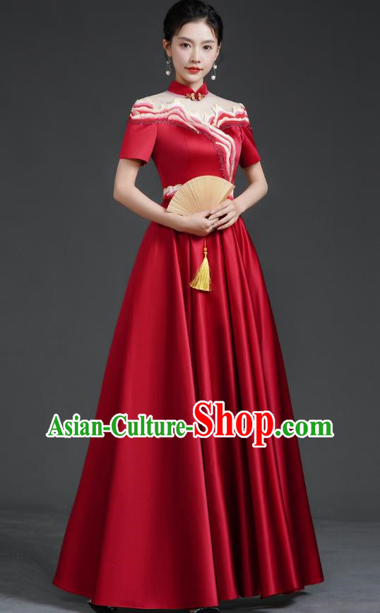 Chinese Banquet Evening Dress Choir Stage Model Catwalk Costume Wine Red