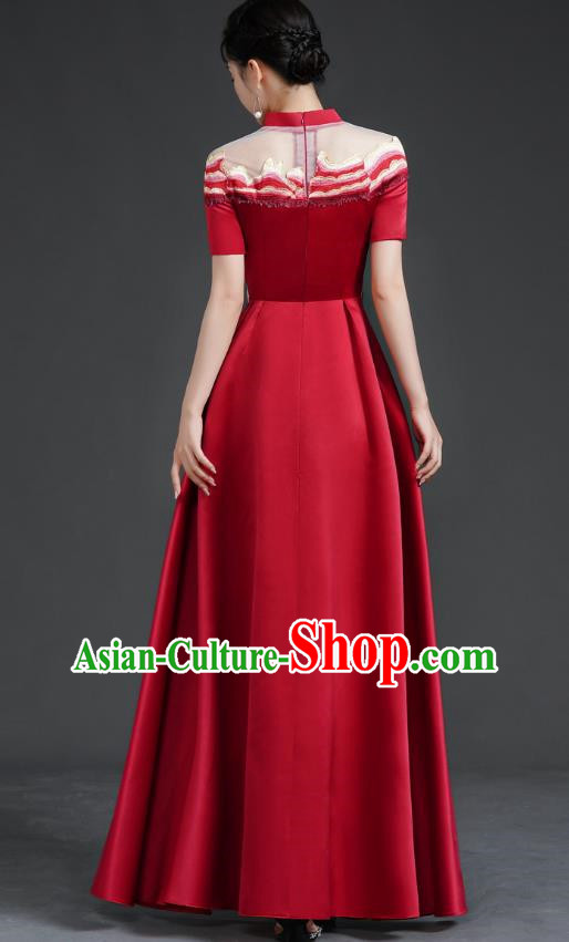 Chinese Banquet Evening Dress Choir Stage Model Catwalk Costume Wine Red
