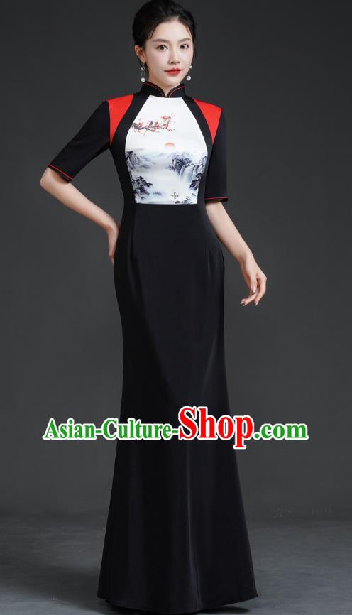 Chinese Catwalk Style Cheongsam Long Black Fishtail Slim Stage Performance Costume Banquet Evening Dress