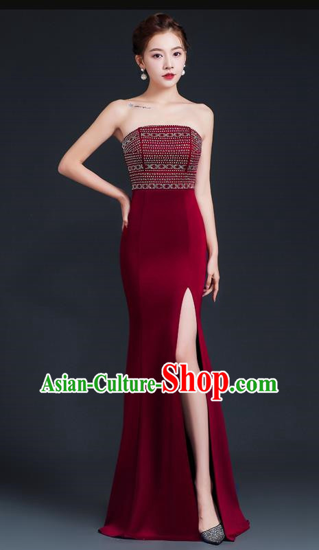 Sexy Wine Red Banquet Tube Top Evening Dress Women High Level Fishtail Dress Skirt