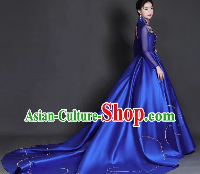 Chinese Style Top Trailing Evening Dress Model Catwalk Cheongsam Performance Costume Guzheng Playing Host Dress Blue