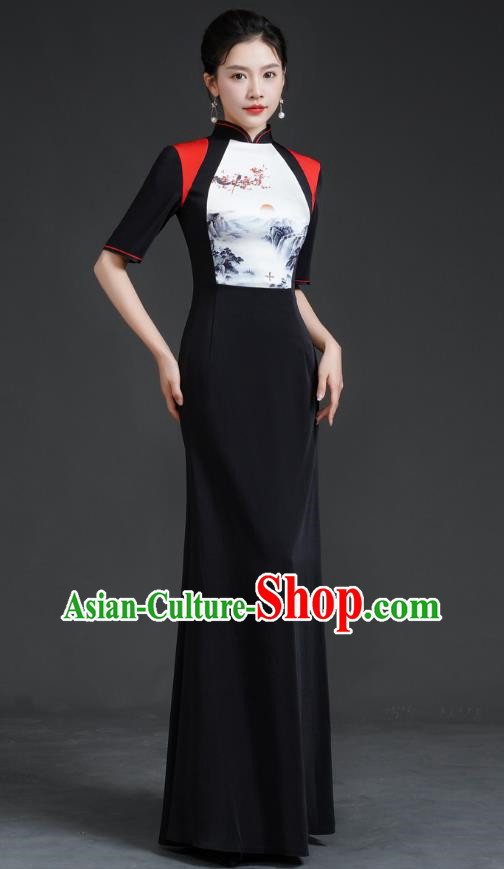 Chinese Catwalk Style Cheongsam Long Black Fishtail Slim Stage Performance Costume Banquet Evening Dress