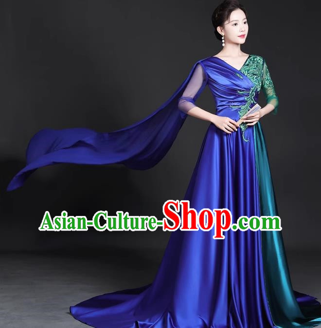 Chinese Style Top Trailing Evening Dress Model Catwalk Cheongsam Performance Costume Guzheng Playing Host Dress Blue