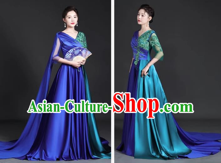 Chinese Style Top Trailing Evening Dress Model Catwalk Cheongsam Performance Costume Guzheng Playing Host Dress Blue