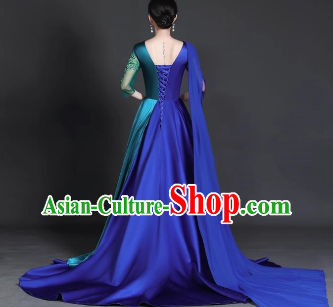 Chinese Style Top Trailing Evening Dress Model Catwalk Cheongsam Performance Costume Guzheng Playing Host Dress Blue
