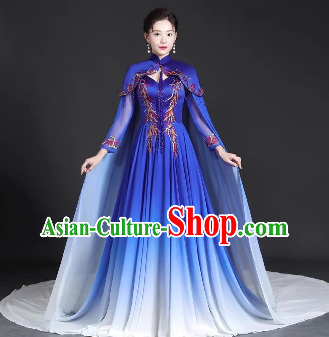 Chinese Style Top Trailing Evening Dress Model Catwalk Cheongsam Performance Costume Guzheng Playing Host Dress Blue