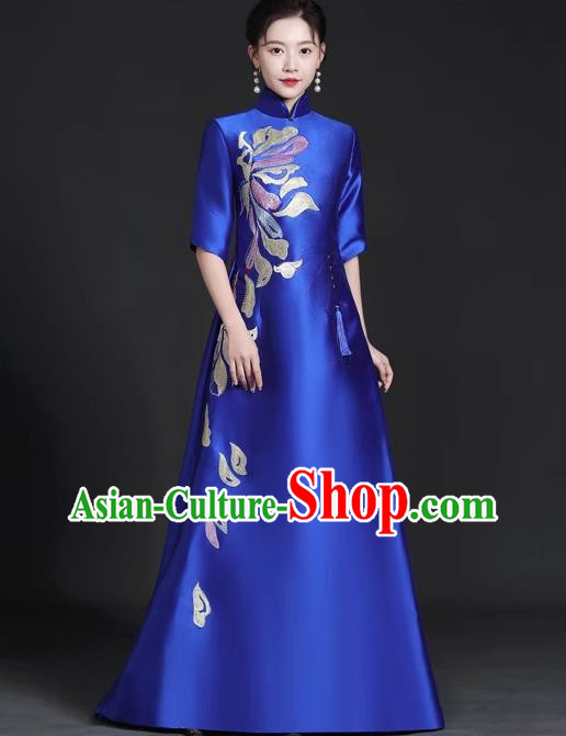Chinese Style Top Trailing Evening Dress Model Catwalk Cheongsam Performance Costume Guzheng Playing Host Dress Blue