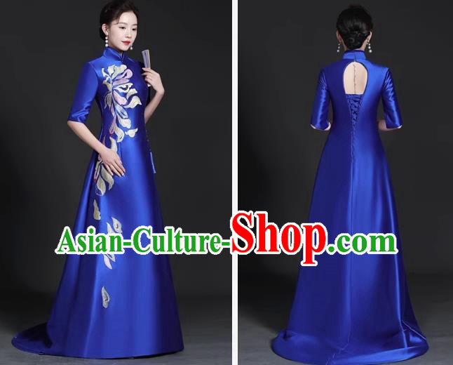 Chinese Style Top Trailing Evening Dress Model Catwalk Cheongsam Performance Costume Guzheng Playing Host Dress Blue
