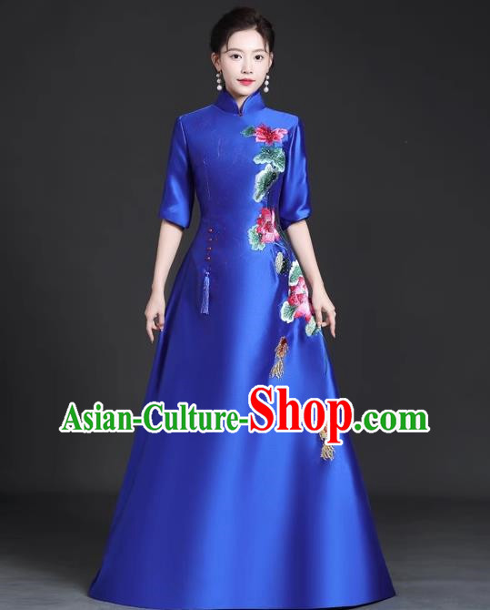 Chinese Style Top Trailing Evening Dress Model Catwalk Cheongsam Performance Costume Guzheng Playing Host Dress Blue