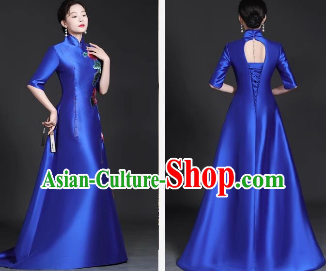Chinese Style Top Trailing Evening Dress Model Catwalk Cheongsam Performance Costume Guzheng Playing Host Dress Blue