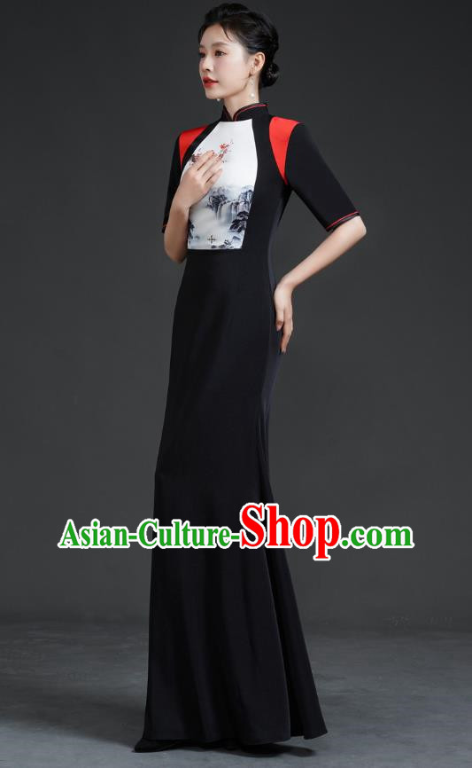 Chinese Catwalk Style Cheongsam Long Black Fishtail Slim Stage Performance Costume Banquet Evening Dress