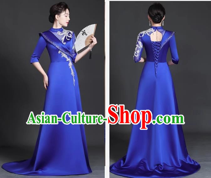 Chinese Style Top Trailing Evening Dress Model Catwalk Cheongsam Performance Costume Guzheng Playing Host Dress Blue