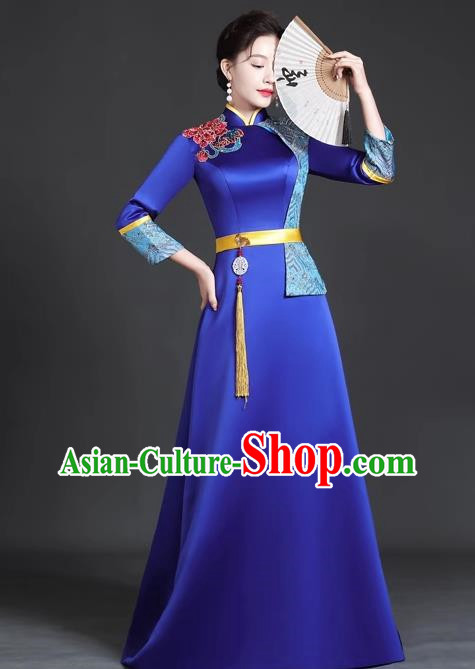 Chinese Style Top Trailing Evening Dress Model Catwalk Cheongsam Performance Costume Guzheng Playing Host Dress Blue