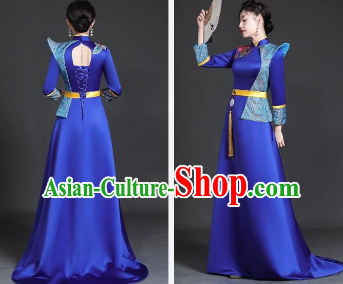 Chinese Style Top Trailing Evening Dress Model Catwalk Cheongsam Performance Costume Guzheng Playing Host Dress Blue