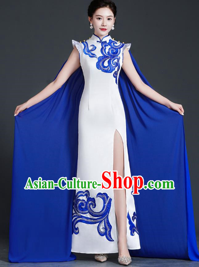 Chinese Style Top Cheongsam Dress Cape Long Fishtail Slim Model Catwalk Costume Blue And White