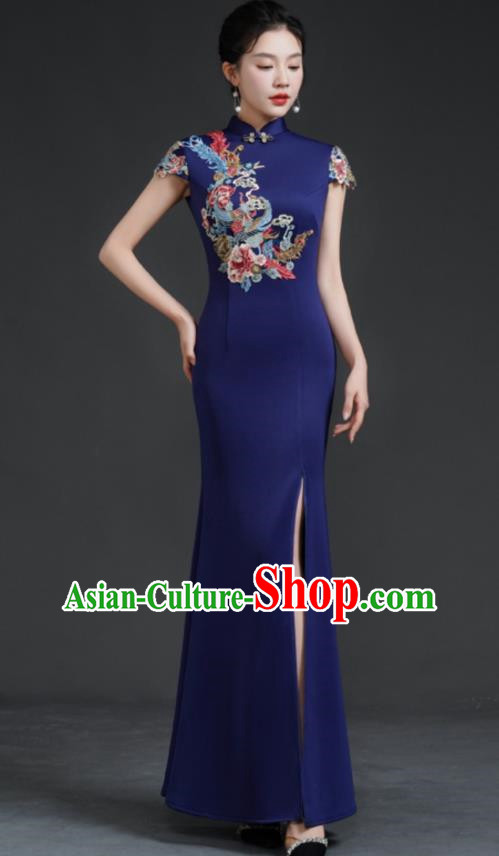 Chinese Fishtail Slit Cheongsam Long Dress Navy Blue Model Catwalk Stage Costume
