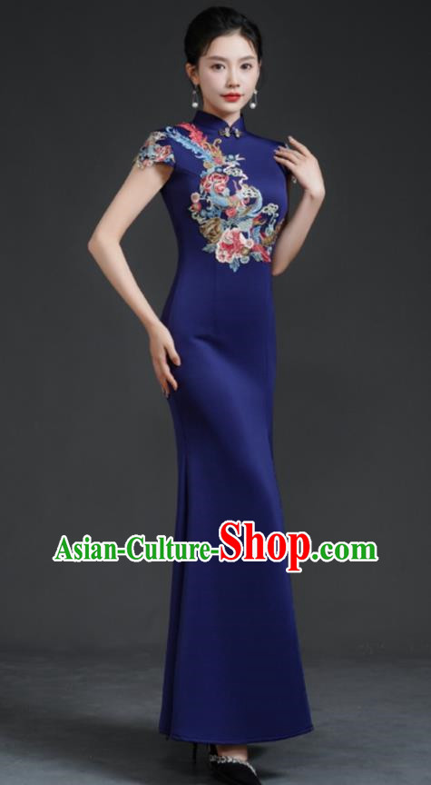 Chinese Fishtail Slit Cheongsam Long Dress Navy Blue Model Catwalk Stage Costume