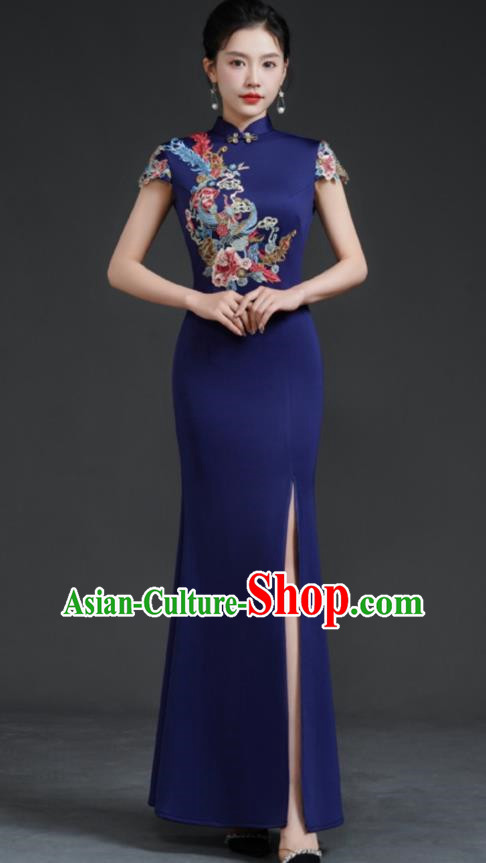 Chinese Fishtail Slit Cheongsam Long Dress Navy Blue Model Catwalk Stage Costume