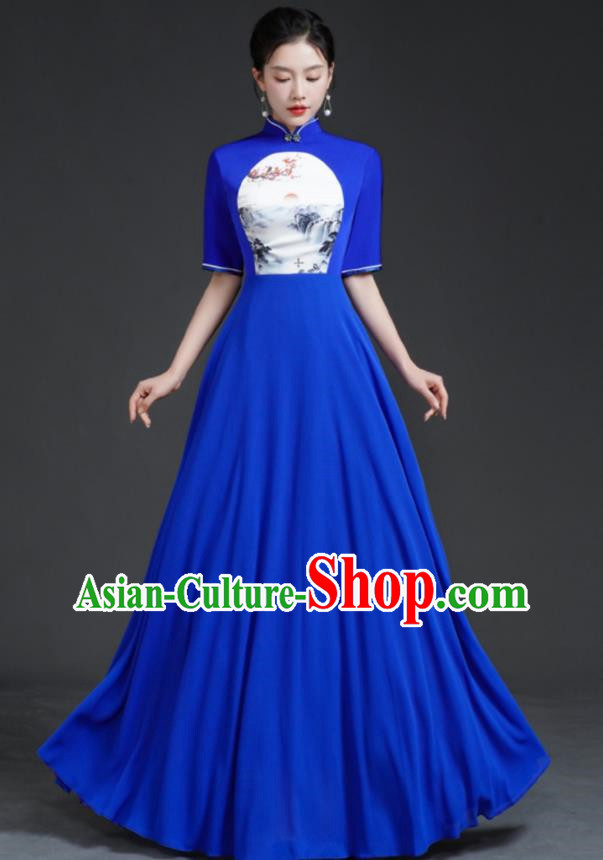 Top Chinese Style Model Catwalk Performance Costume Long Annual Meeting Evening Dress Blue Dress