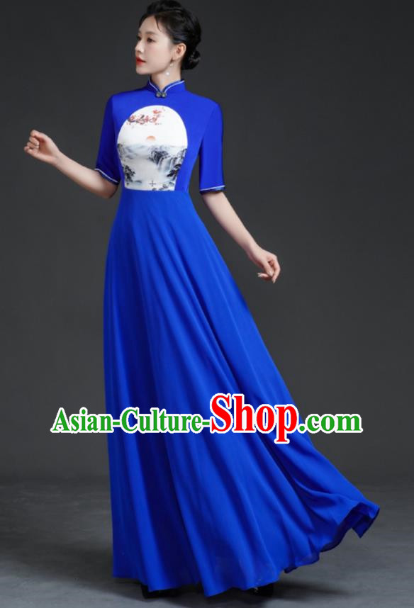 Top Chinese Style Model Catwalk Performance Costume Long Annual Meeting Evening Dress Blue Dress