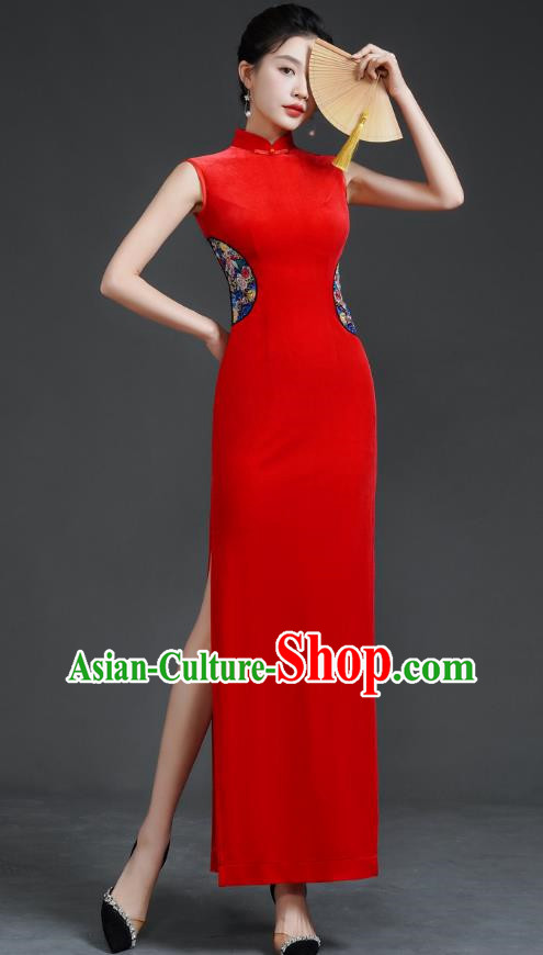 Top Long Catwalk Cheongsam Red Velvet Mother Dress Wedding Dress Model Team Stage Costume