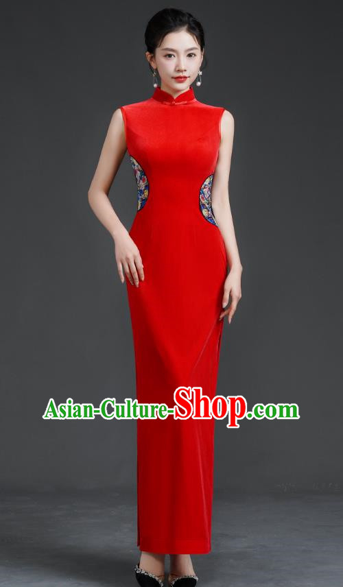 Top Long Catwalk Cheongsam Red Velvet Mother Dress Wedding Dress Model Team Stage Costume