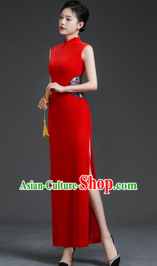 Top Long Catwalk Cheongsam Red Velvet Mother Dress Wedding Dress Model Team Stage Costume