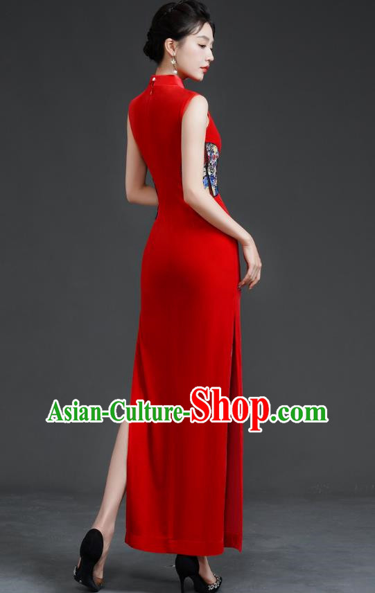 Top Long Catwalk Cheongsam Red Velvet Mother Dress Wedding Dress Model Team Stage Costume