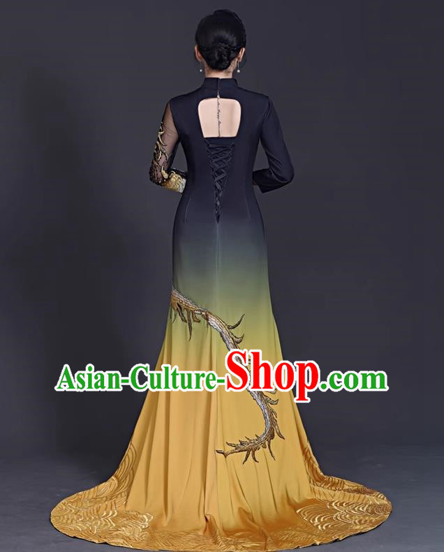 Chinese Style Top Banquet Evening Dress Trailing Long Stage Model Catwalk Cheongsam Costume Fishtail Slit