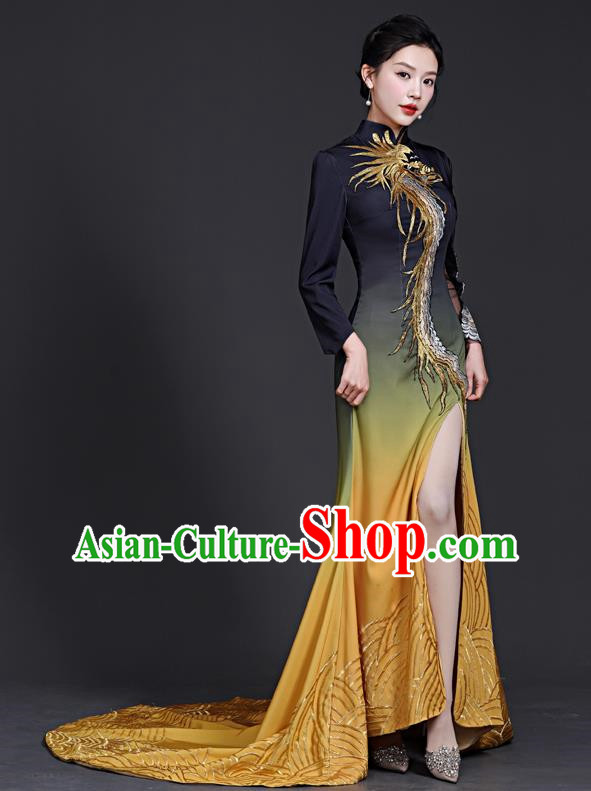 Chinese Style Top Banquet Evening Dress Trailing Long Stage Model Catwalk Cheongsam Costume Fishtail Slit