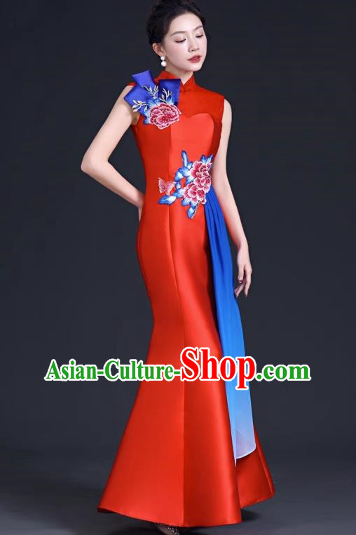 Chinese Style Improved Long Fishtail Banquet Evening Dress Skirt Annual Meeting Performance Host Catwalk Cheongsam