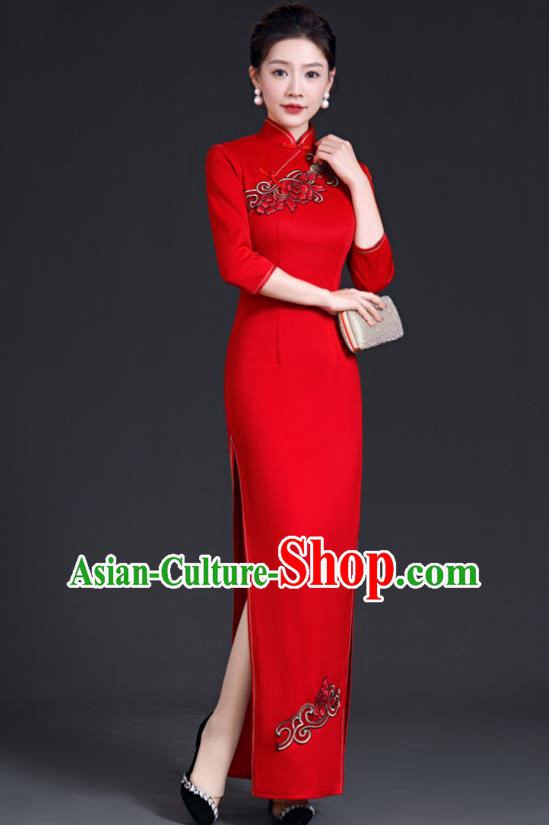 Chinese Style Simple Cheongsam Long Section Mother Model Team Catwalk Show Costume Red Evening Dress