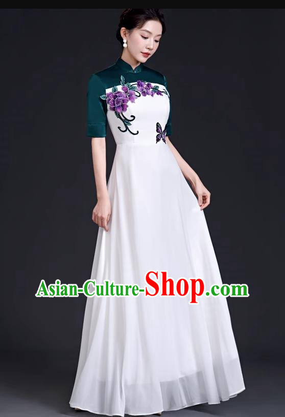 Chinese Style Top Dress Stage Choir Catwalk Cheongsam Performance Clothing Chiffon Long Skirt Hit Color