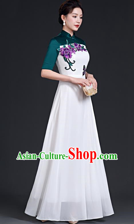 Chinese Style Top Dress Stage Choir Catwalk Cheongsam Performance Clothing Chiffon Long Skirt Hit Color
