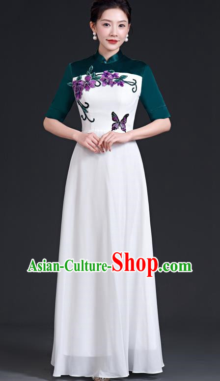 Chinese Style Top Dress Stage Choir Catwalk Cheongsam Performance Clothing Chiffon Long Skirt Hit Color