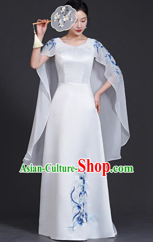 Top Chinese Style Blue And White Porcelain Cheongsam Adult Guzheng Performance Clothing Elegant Model Catwalk White Dress