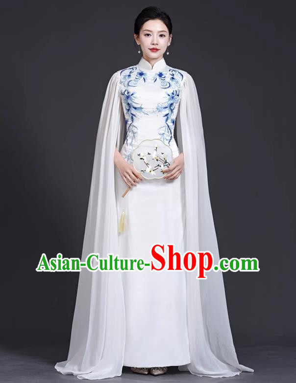 Top Stage Catwalk Costumes Long Guzheng Water Sleeve Dance Blue And White Porcelain Cheongsam Chinese Style White Dress Embroidery