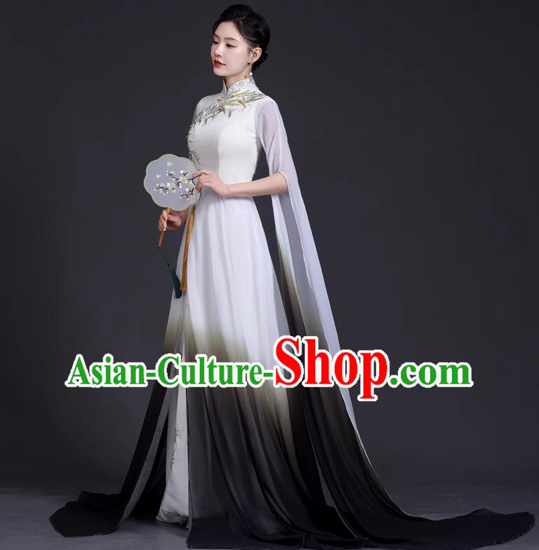 Top National Tide Style Banquet Evening Dress Long Model Catwalk Cheongsam Guzheng Art Test Solo Dress Embroidery