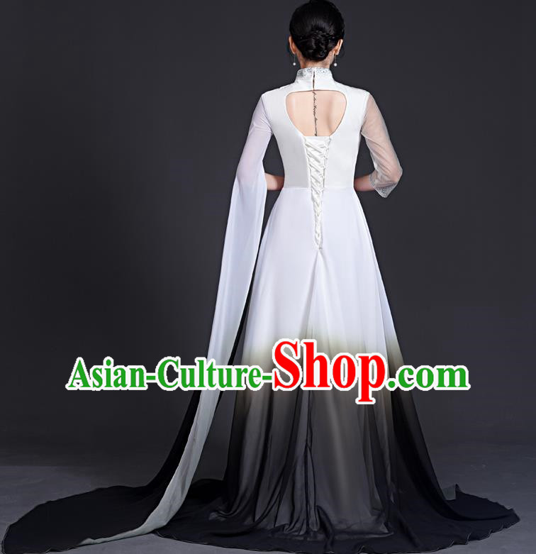 Top National Tide Style Banquet Evening Dress Long Model Catwalk Cheongsam Guzheng Art Test Solo Dress Embroidery