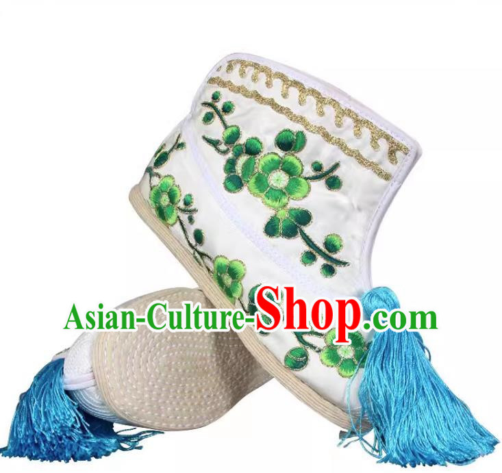 Green Embroidered Melaleuca Bottom Flat Plum Blossom Fast Boots Color Fast Huadan Wudan Embroidered Shoes Handmade Shoes Chinese Style Ancient Costume Shoes Opera