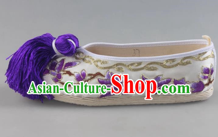 Melaleuca Bottom Magnolia Flower Flat Embroidered Shoes Traditional Handmade Shoes Cloth Sole Opera Classical Dance Chinese Style Ancient Costume
