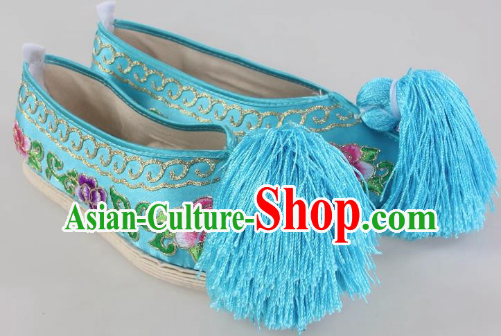 Blue Melaleuca Bottom Peony Flower Embroidered Shoes Huadan Flat Cloth Bottom Opera Color Shoes Xiaodan Cloth Shoes Ancient Costume Performance Chinese Style