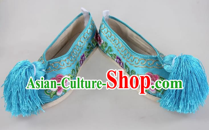 Blue Melaleuca Bottom Peony Flower Embroidered Shoes Huadan Flat Cloth Bottom Opera Color Shoes Xiaodan Cloth Shoes Ancient Costume Performance Chinese Style