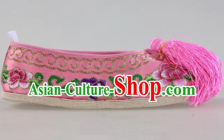 Pink Melaleuca Bottom Peony Flower Embroidered Shoes Huadan Flat Cloth Sole Opera Color Shoes Xiaodan Cloth Shoes Ancient Costume Performance Chinese Style