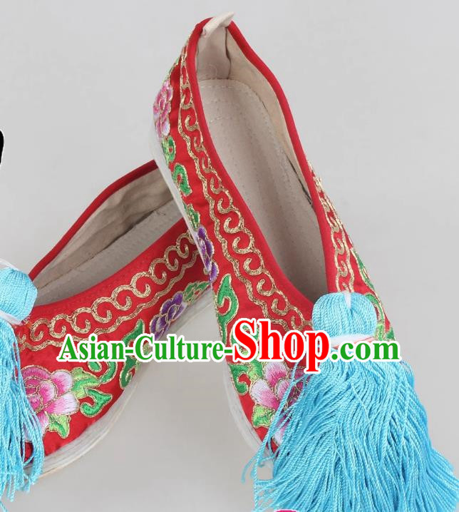 Red Melaleuca Bottom Peony Flower Embroidered Shoes Huadan Flat Cloth Bottom Opera Color Shoes Xiaodan Cloth Shoes Ancient Costume Performance Chinese Style