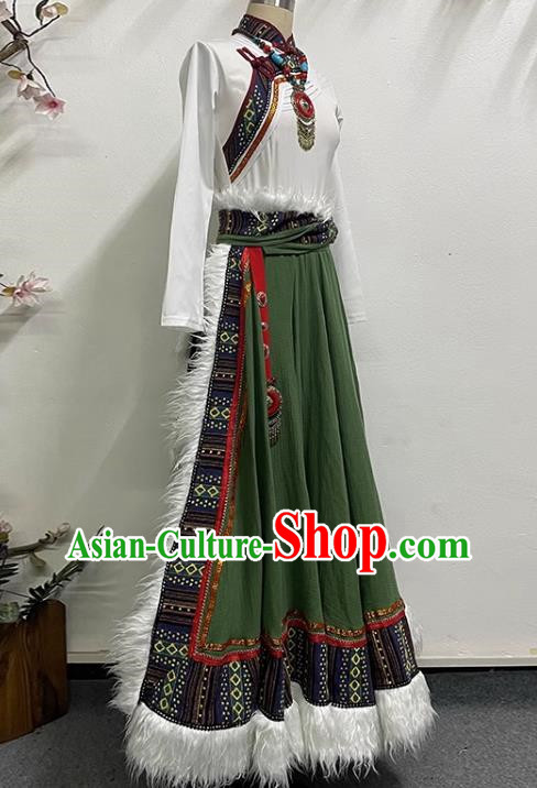 White and Green Tibetan Dance Women Large Swing Skirt Tibetan Clothing Minority Practice Clothing Art Test Practice Performance Clothing